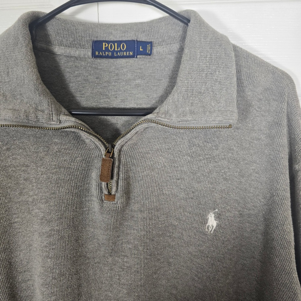 Polo Ralph Lauren Men's Large Gray 100% Cotton Quarter Zip Pullover Sweater